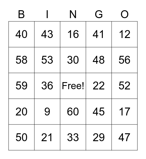 Card 11, Numbers 1-60 Bingo Card