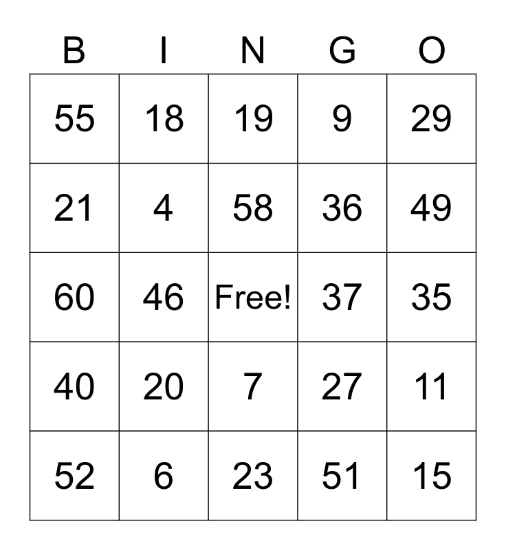 Card 15, Numbers 1-60 Bingo Card