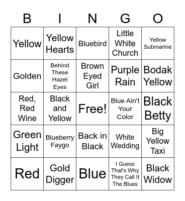 Songs With A Color Bingo Card