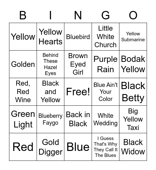 Songs With A Color Bingo Card