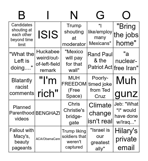 The 2015 Traveling Clown Show presented by the NRA & KFC Bingo Card