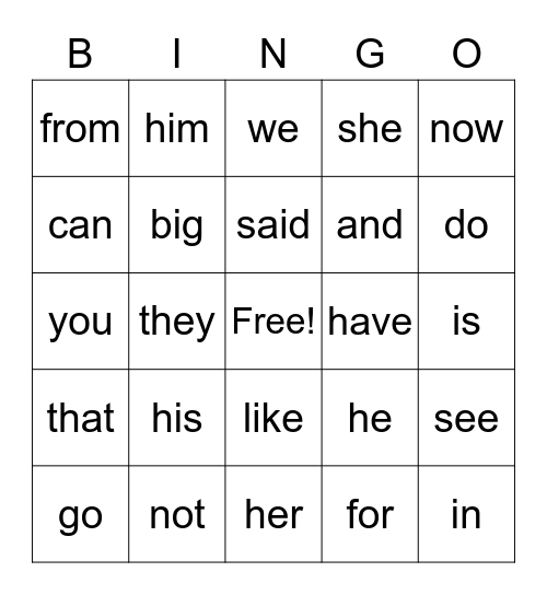 High Frequency Words 1 Bingo Card