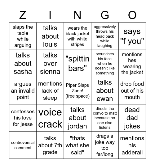ZINGO Bingo Card