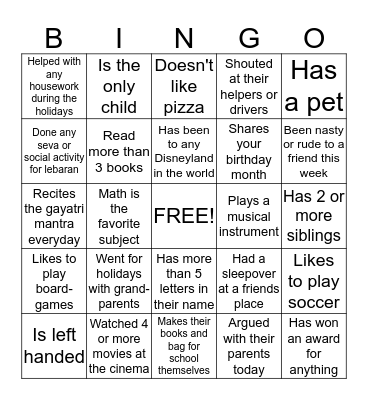 BALVIKAS GROUP  2 YEAR 1 Bingo Card