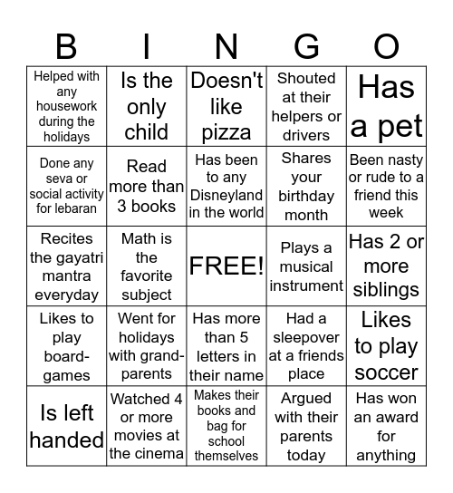 BALVIKAS GROUP  2 YEAR 1 Bingo Card