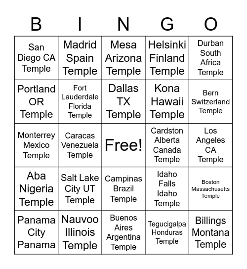 Temple Bingo! Bingo Card