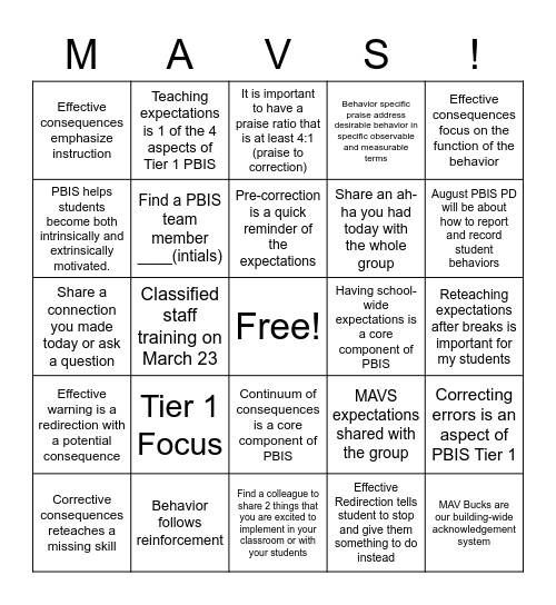 Madison Place MAVS! Bingo Card