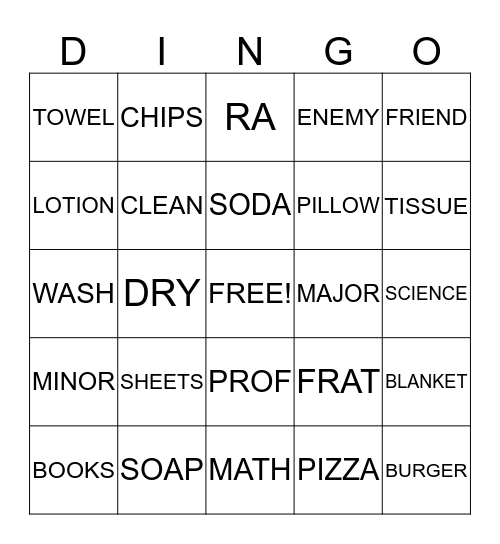 College Bingo Card