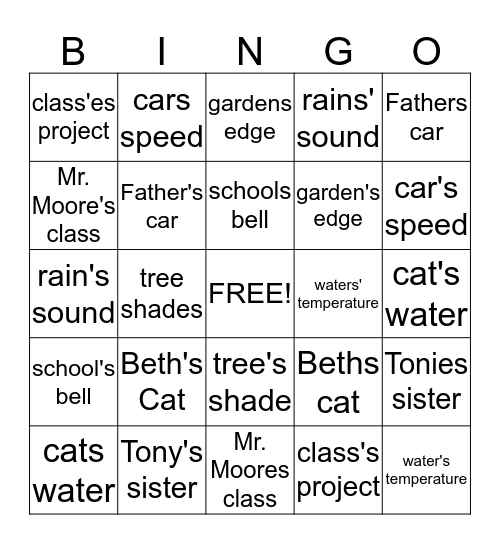 Possessive Nouns Bingo Card