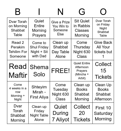 Kids Minyan Bingo - Young Bingo Card