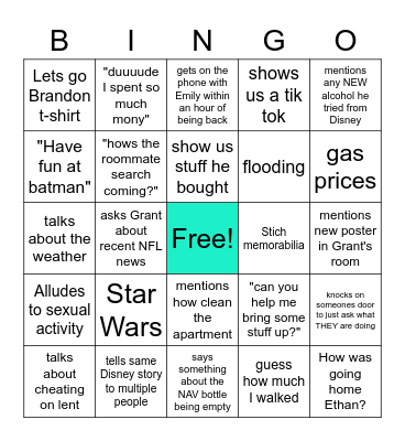 Things Matt will say when he gets back Bingo Card