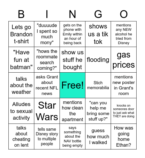 Things Matt will say when he gets back Bingo Card