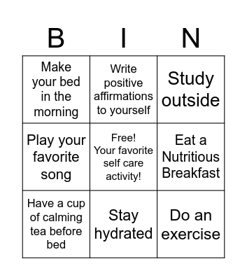 Finals Destress Bingo Card