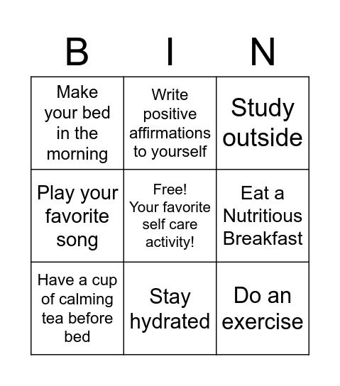 Finals Destress Bingo Card