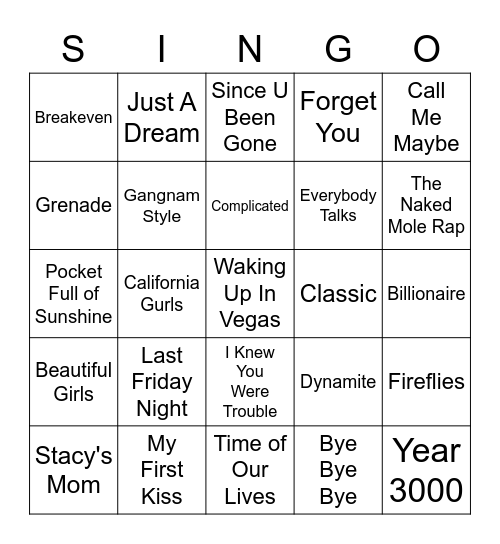 SINGO Bingo Card