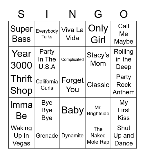 SINGO Bingo Card