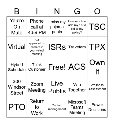 Return to Work Bingo Card