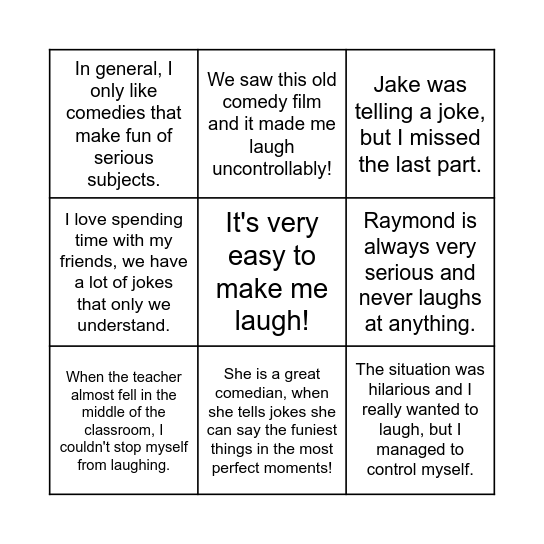 Humour Vocabulary Bingo Card