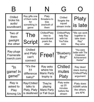Chilled/Platy/Ray Stream Bingo Card