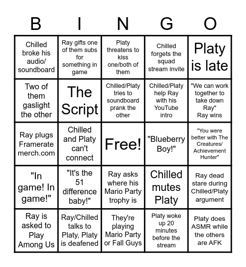 Chilled/Platy/Ray Stream Bingo Card