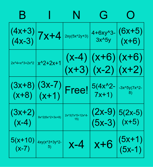 Factoring Bingo Card
