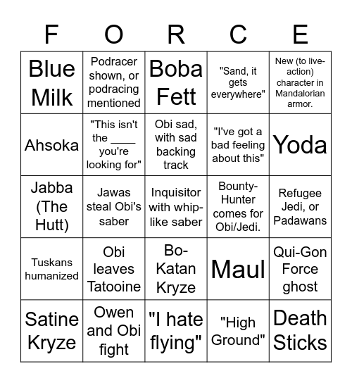 Obi-Wan Series Bingo Card