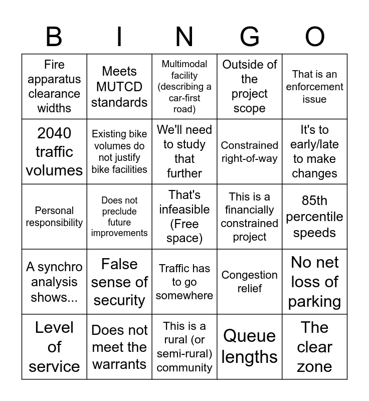 Traffic Engineer Bingo Card