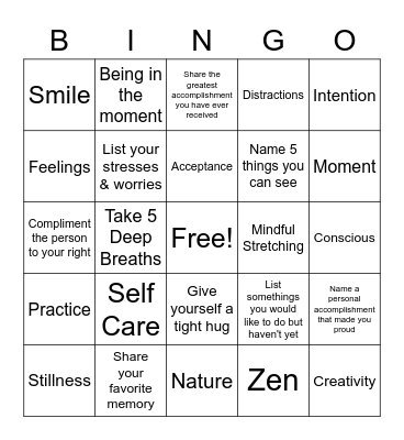 Mindfulness Bingo Card