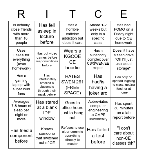 RIT CE BINGO Card