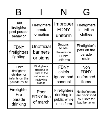 FDNY Firefighter Saint Patrick's Day parade Bingo Card