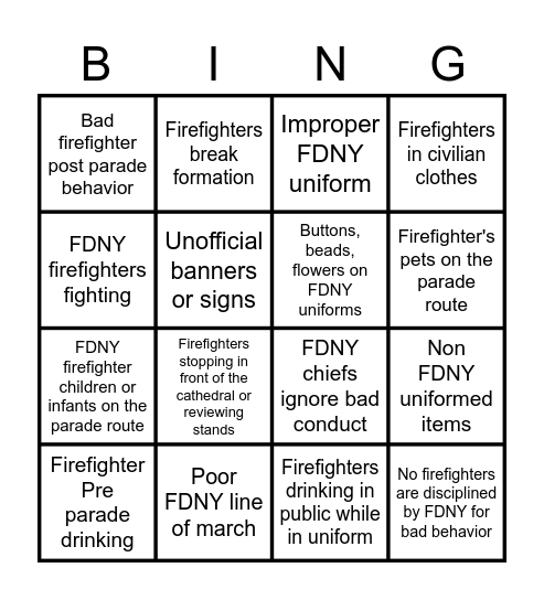 FDNY Firefighter Saint Patrick's Day parade Bingo Card