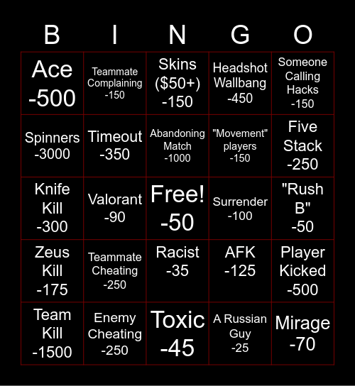 CSGO Cheating Bingo Card