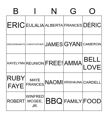 BELL FAMILY REUNION Bingo Card