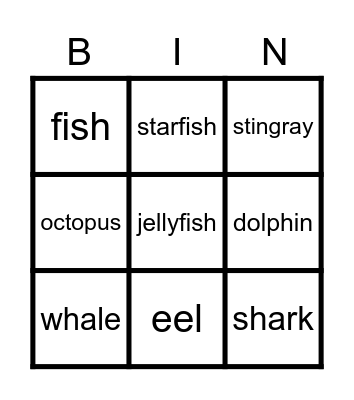 Ocean animals Bingo Card