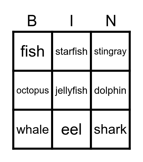 Ocean animals Bingo Card