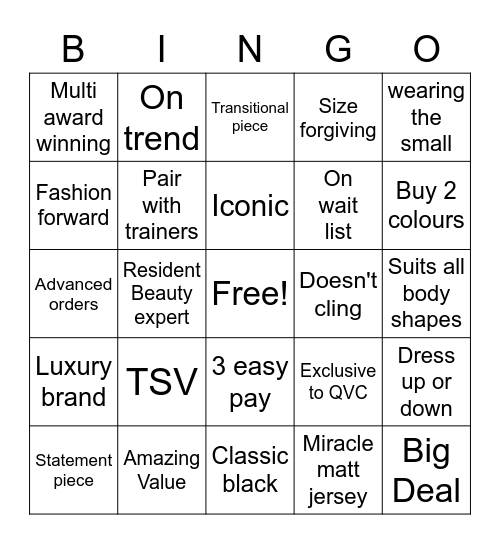 Shopping telly Bingo Card