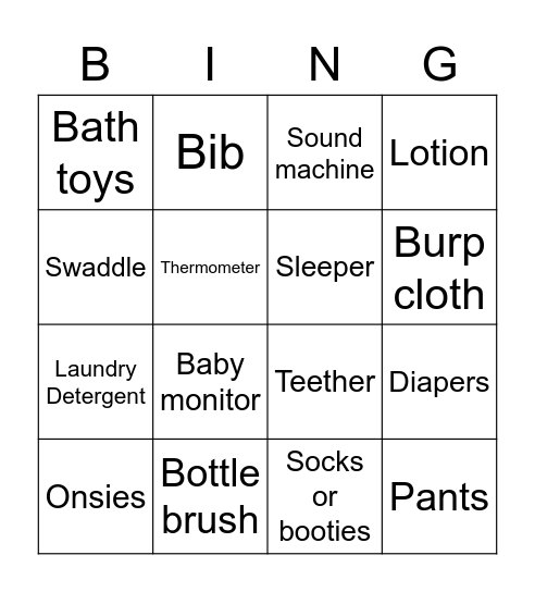 Baby Shower Bingo Card