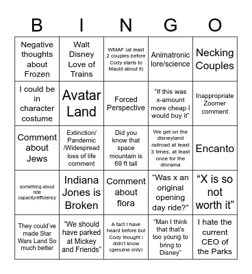 Cody @ Disney 2022 Bingo Card