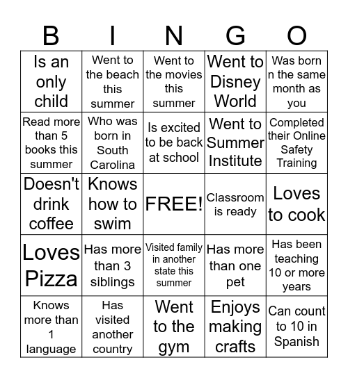 Getting to Know You Bingo Card