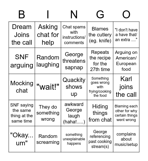 SNF cooking stream Bingo Card