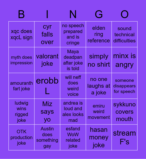 STREAMER AWARDS BINGO Card