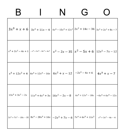 Polynomial Operations Bingo Card