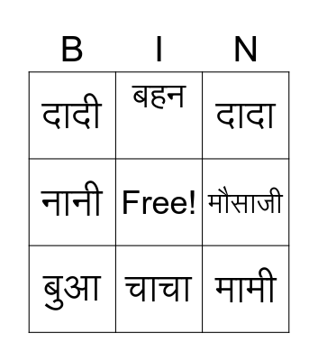 HIndi Family: Parivaar Bingo Card