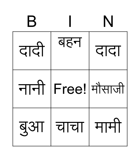 HIndi Family: Parivaar Bingo Card