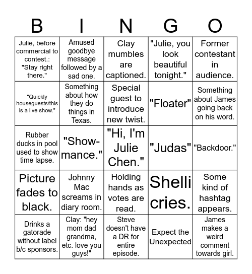 Big Brother Bingo Card