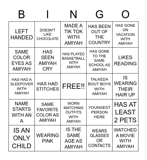 Amiyah's Birthday BINGO Card