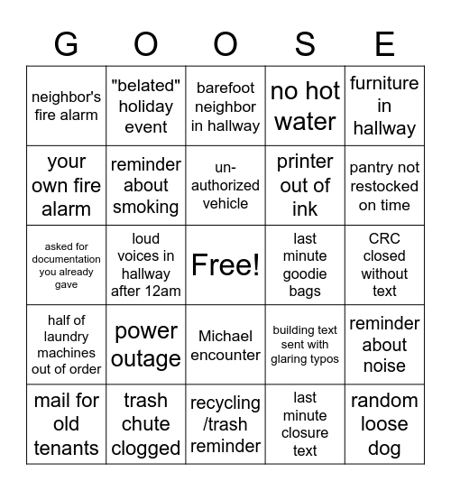 Goose Hollow Mishap Bingo Card