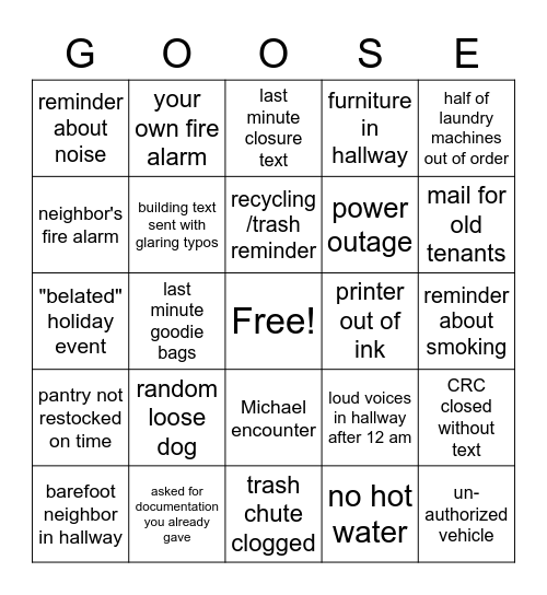 Goose Hollow Mishap Bingo Card