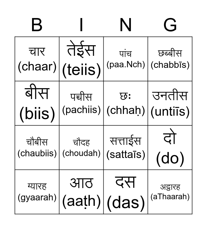 Hindi Numbers 130 Bingo Card