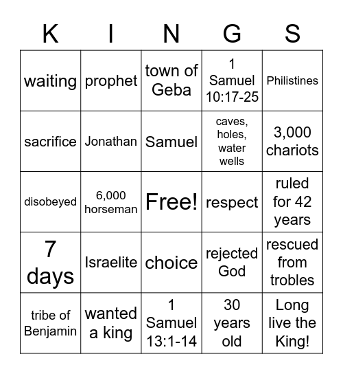 King Saul's Choice Bingo Card